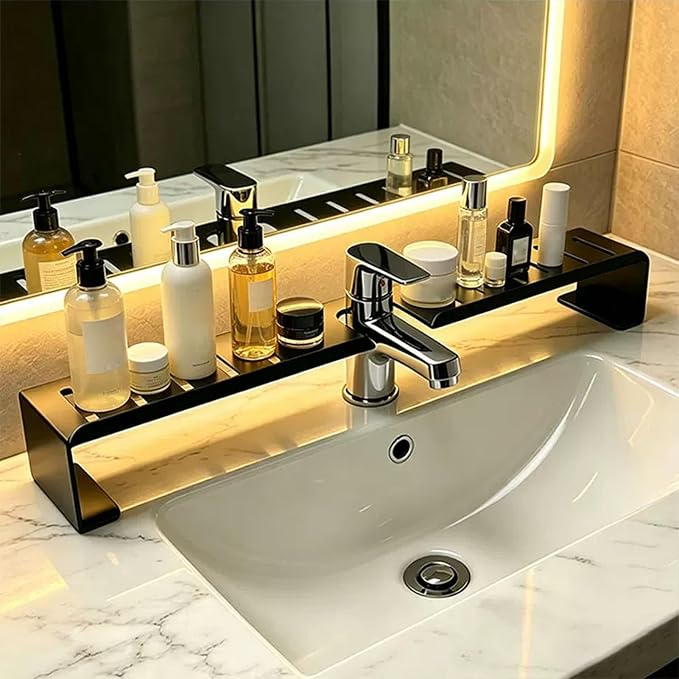 Vertical Faucet Storage Rack, Over the Sink Shelf, Black, 23.6in/60cm | No-Drill Faucet Rack for Bathroom & Kitchen Countertop ,Space-Saving Toiletry Organizer- Easy Drainage, 50cm/60cm - Image 6