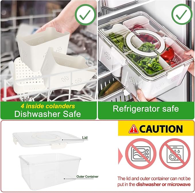 Fruit Storage Containers for Fridge with Lid and Handle, Veggie Tray Bins | Portable Fresh Produce Saver, Food Storage Container with 4 Removable Strainers,Salad Bar for Berry, Vegetable, Refrigerator - Image 2