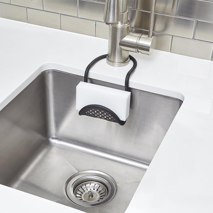 Umbra Sling Flexible Sink Caddy, Elastic Non-Slip Sponge Holder, Black | Rubber material, perforated base for drainage, prevents moisture buildup, fits faucet necks, easy rinse clean - Image 2