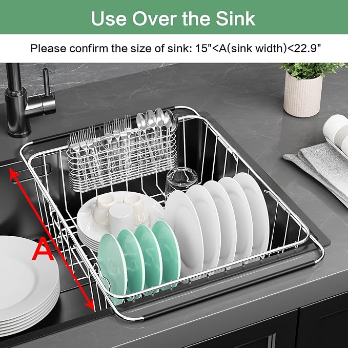 Fanbsy Large Dish Drainer Rack in Sink Adjustable, Expandable 304 Stainless Steel Metal Dish Drying Rack Organizer with Stainless Steel Utensil Holder Over Inside Sink Counter, Rustproof - Image 3