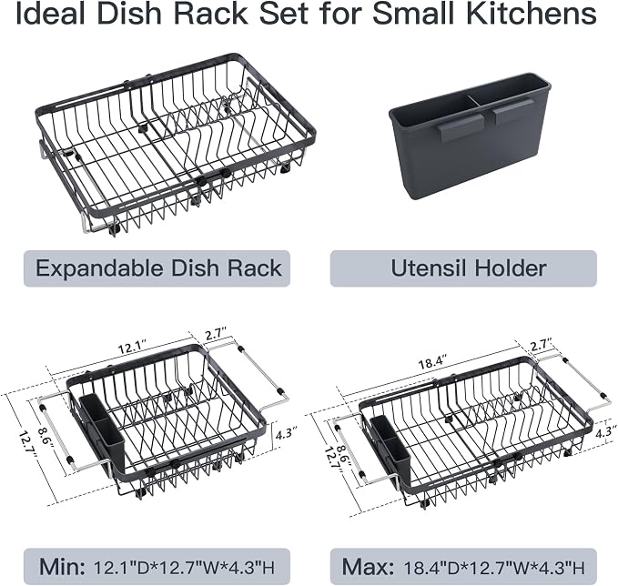 Grey Dish Drying Rack Over The Sink with Utensil Holder | Expandable Stainless Steel Dish Drainer for Small Kitchen, Apartment, RV, Counter Space Saving, Perfect Fit, Rustproof - Image 9