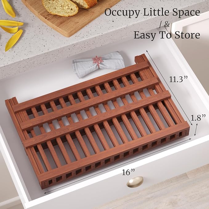 VERTORGAN Teak Dish Drying Rack,Folding Drainer for Kitchen | Foldable Spice Rack,Pantry Organization and Storage,Ventilation Hole,Quick-dry design,Space-saving fold,Multi-scene versatile - Image 5
