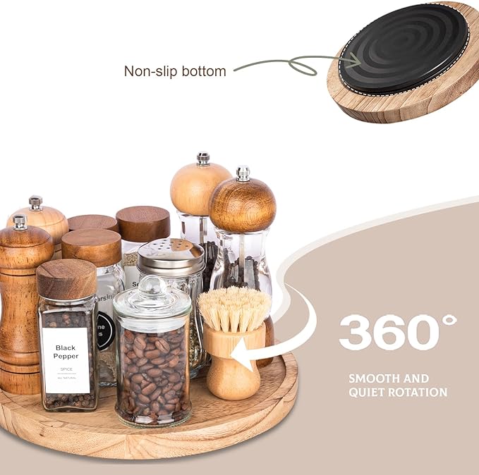 Wood Lazy Susan Turntable Kitchen Decor Round Table Tray, 10" Brown | Waterpoof, Easy clean, Non-slip, Rotating Wooden Decorative Pantry Table Tray for Seasoning, spice, snack - Image 4