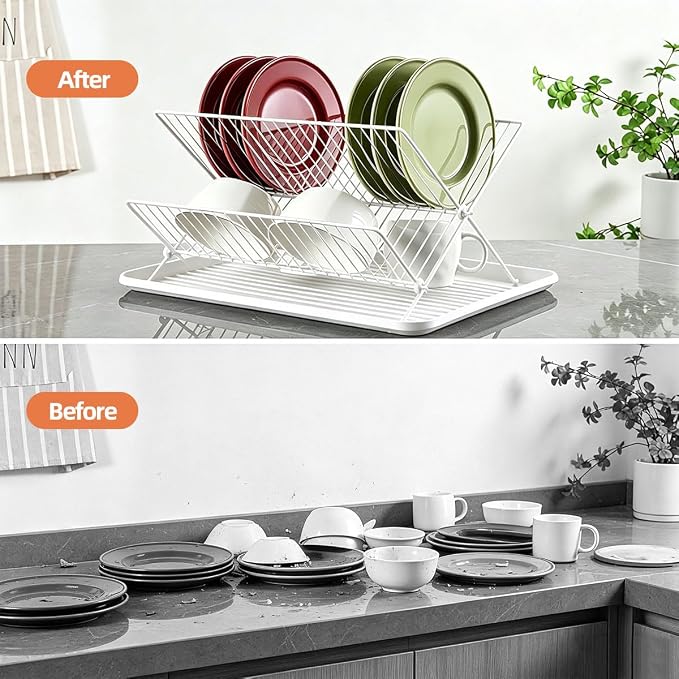 White Foldable 2-Tier Dish Rack - Heavy-Duty Metal Drying Rack with Removable Drip Tray, Collapsible Kitchen Sink Organizer for Plates, Bowls, Cups & Utensils - Image 3