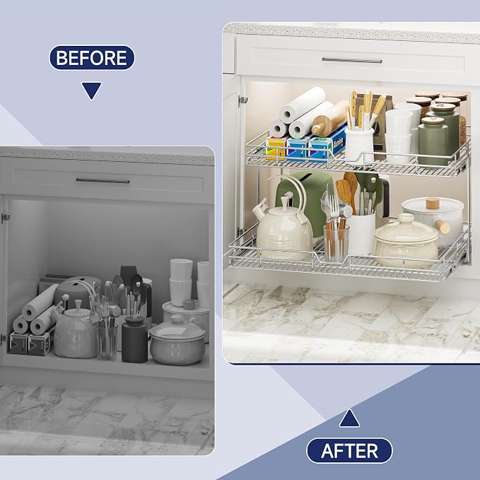 2-Tier Pull Out Cabinet Organizer, 31.5" W x 21.5" D, Heavy Duty Dual Slide Out Shelves for Wide Base Cabinets, Chrome Wire Basket Drawer for Pots, Pans, Pantry & Cleaning Supplies - Image 7