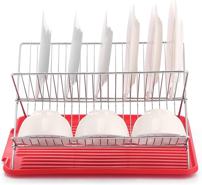 J&V TEXTILES Foldable Dish Drying Rack with Drainboard, Stainless Steel 2 Tier Drainer, Collapsible Folding Rack for Kitchen Sink, Countertop, Cutlery, Plates (Red) - Image 3