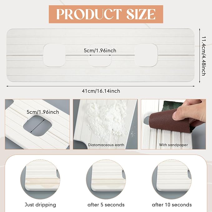 Teenyyou 3 Square Hole White Faucet Mat Kitchen Sink 16.14" x 4.49" | Bathroom Faucet Absorbent Mat,Diatomite Splash Guard,Quick Drying Drip Catcher,Hole 1.97",Holes Spaced About 1.97" - Image 2