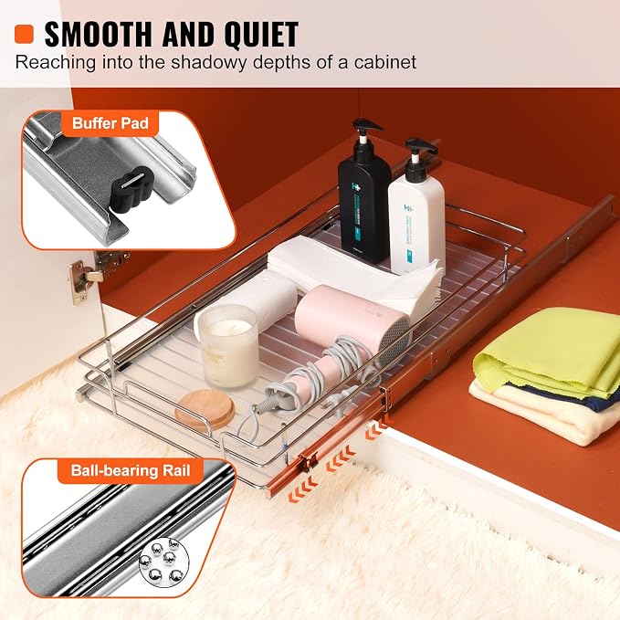 VEVOR 12.5"Wx16.5"Dx3.5"H Pull Out Cabinet Organizer, Heavy Duty Slide Out Pantry Shelves, Chrome-Plated Steel Roll Out Drawers Storage, for Home, Under Sink, 14"Wx17.5"Dx7"H Install Size for Cabinet - Image 3