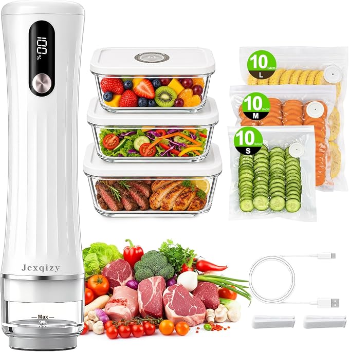 Compact Vacuum Sealer for Food, 80kPa Food Sealer with LED Display | 2000mAh Vacuum Sealer Machine+3Glass Containers+30 Bags, Handheld Vacuum Sealer,Cordless&Portable for Meal Prep, Food Storage by Jexqizy