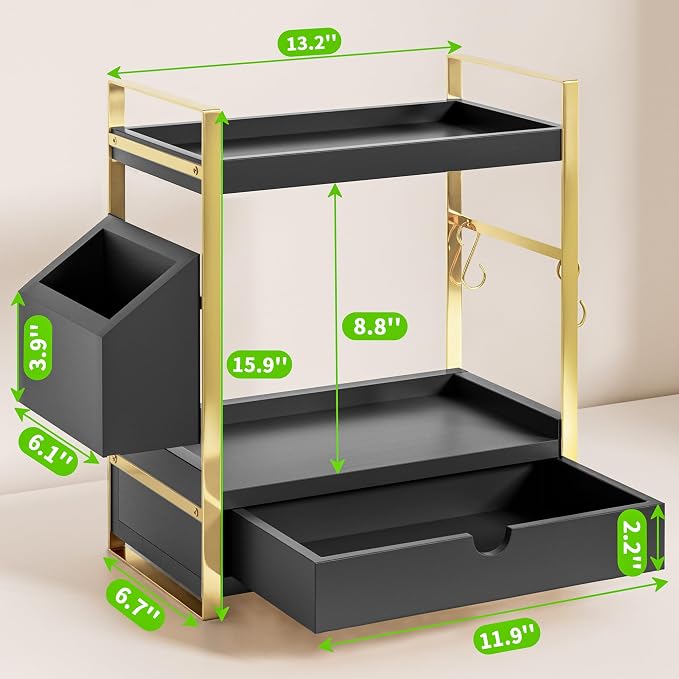 2-Tier Bathroom Counter Organizer, Wooden Vanity Shelf with Drawer & Basket | Pre-Drilled Holes, Skincare & Makeup Countertop Organizer and storage, Black-gold - Image 2
