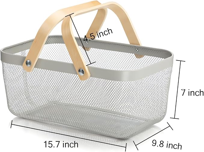 Wire Mesh Storage Organizer Basket Portable Garden Harvest Basket Fruit Basket Bin with Wood Handle Ideal for Kitchen Picnic Pantry Cabinets Storage Home Decor (Cold Gray) - Image 2