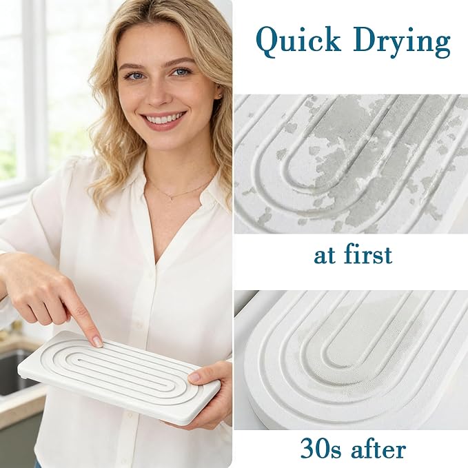 2 PCS Water Absorbing Stone Tray for Sink, Quick Drying Diatomite Bathroom Tray Countertop, Stone Drying Mat for Kitchen Counter Faucet, Soap Dish Dispenser Vanity Organizer, White-A-8.3" x 4" - Image 3