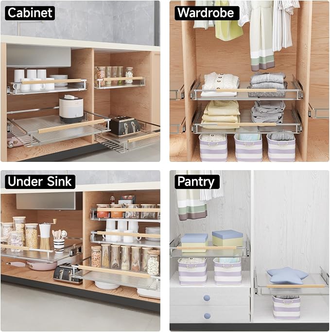 2Pack Expandable Pull Out Cabinet Organizer, 23.2"-39.9" W x 22.5''D | Stainless Steel Slide Out Drawers, Heavy Duty Drawer Slides, For Kitchen Cabinets Pantry Cupboard, Adjustable Width - Image 7