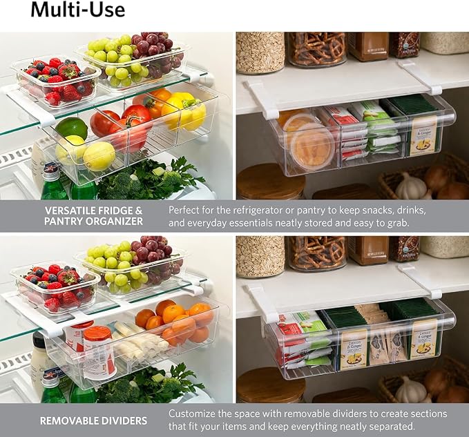 Glad Pull Out Fridge Drawer Organizer - Clip-On Under Shelf Refrigerator & Pantry Storage Bin with 3 Compartments for Fruit, Vegetables, and Deli Meat Drawer - BPA Free Clear Plastic - Image 2