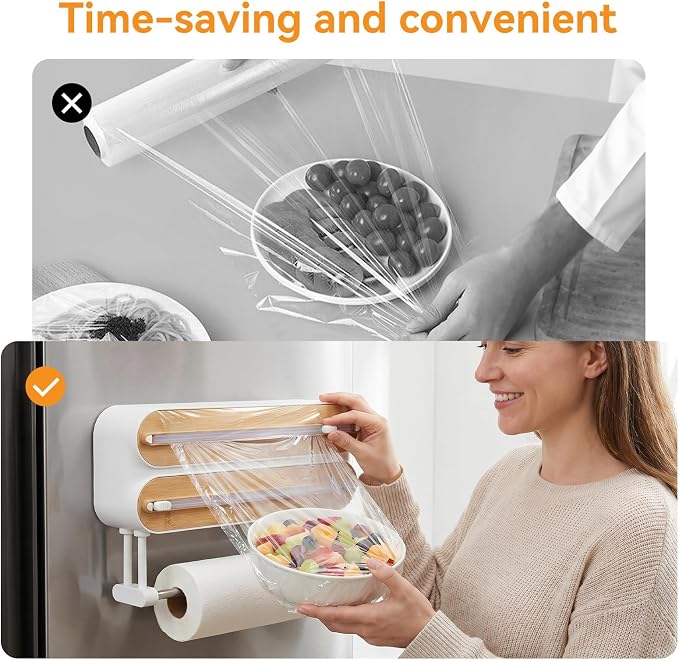 Kitchen Plastic Wrap Dispenser with Cutters Organizer, 3 in 1 Magnetic Foil and Plastic Wrap Organizer with Paper,Sliding Cutter, Fridge Or Wall Mount Storage - Image 5