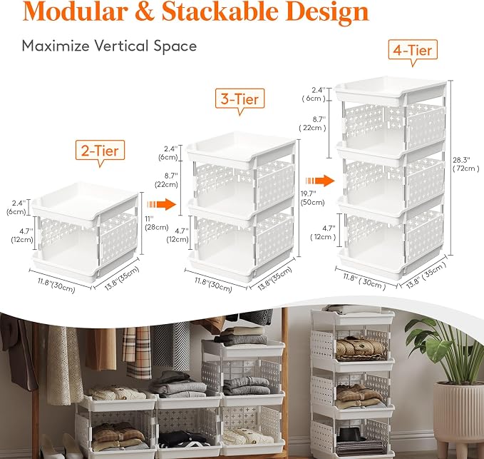 Lifewit 4 Tier Plastic Stackable Storage Baskets for Clothes 2 Pack, White | Stacking Bins for Food, Multifunctional Organizer for RV, Kitchen, Playroom, Pantry and Bathroom - Image 4
