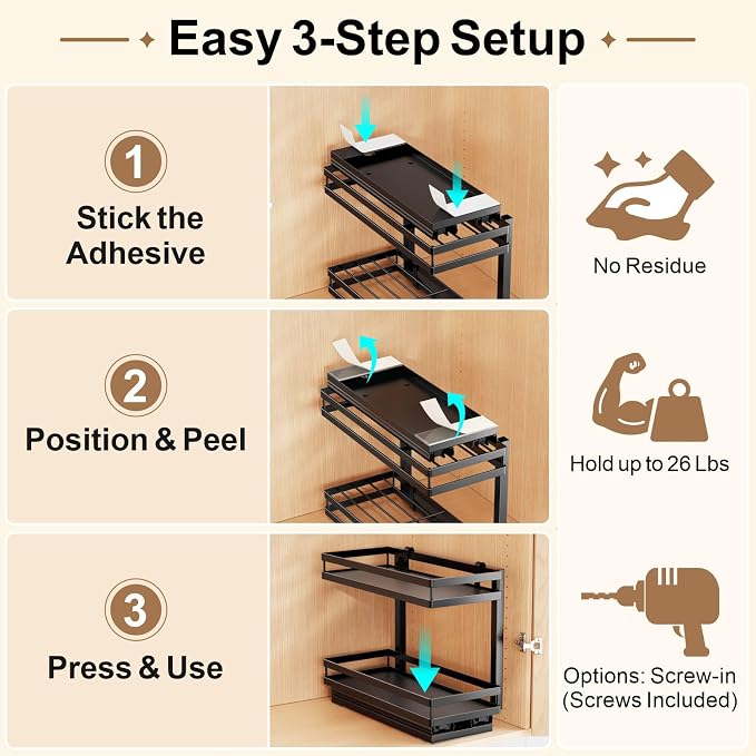 2 Tier Pull Out Spice Rack - for Inside Cabinet with Front Lips | Peel-and-Stick No Drilling Setup, Smooth Slide Access for 1-8 Oz Spice Jars, Cabinet Storage, Daily Cooking Use, Daily - Image 5