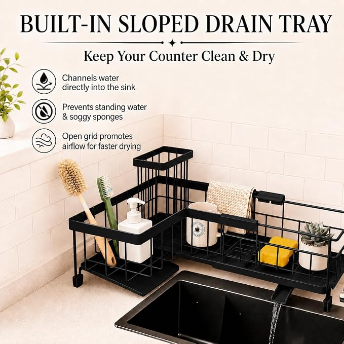 Extendable Corner Sink Sponge Holder, Quick-Drain Caddy for Kitchen Sink, Black - Image 5