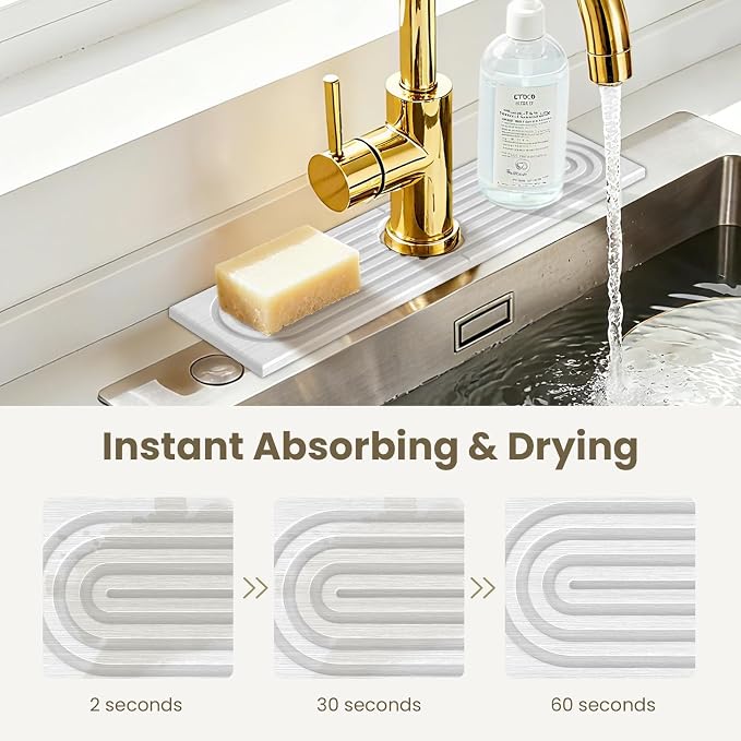 Diatomite Faucet Mat for Kitchen Sink, Quick-Dry Stone-Like Sink Mat, Flat Lay Absorbent Countertop Drying Mat for Faucet Area, Hard Diatomite Mat, White, 15.8 x 4 in - Image 6