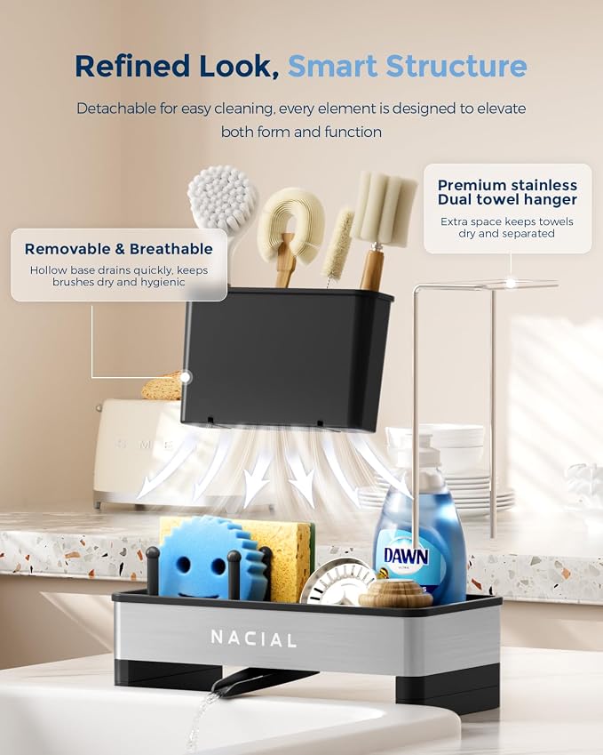 Nacial Kitchen Sink Organizer, Sink Caddy with Sponge & Tall Brush Holder | 304 Stainless Steel Kitchen Countertop Organizer with Double-Bar Towel Holder, Stores Sponge, Brush, Towel & Sink Essentials - Image 7
