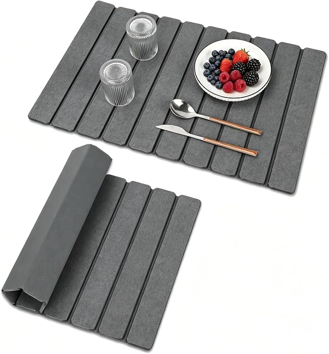 Beslands Large Stone Drying Mat for Kitchen Counter, 24"x16" Diatomaceous Earth Dish Drying Mat with EVA, Quick Dry & Non-Slip Foldable Roll up Stone Mat for Dishes, Bottles, Pots, Sink Dark Gray by Beslands