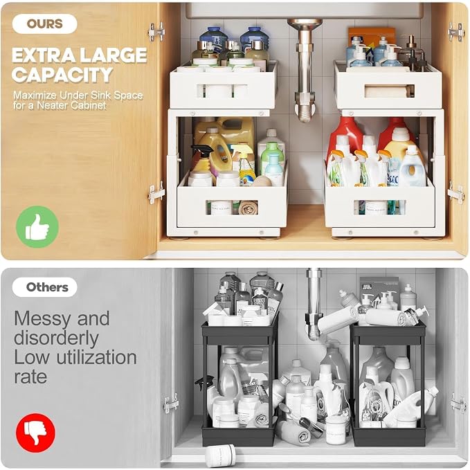 Under Sink Organizer, 2-Tier Dual Pull Out Cabinet Organizer Drawers With Smooth Circular Rail, Large Capacity Metal Mesh Sliding Shelves For Bathroom& Kitchen Storage,Height Adjustable–White,2 Packs - Image 5