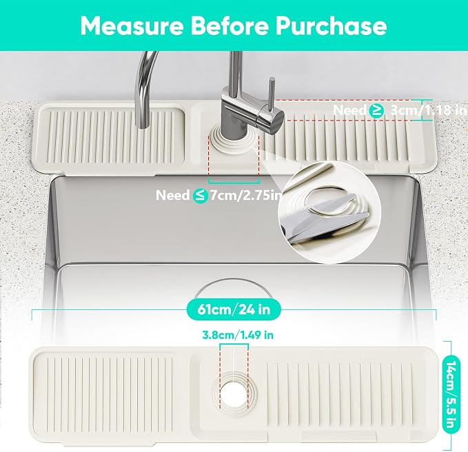 24'' Faucet Mat for Kitchen Sink [5°Slope Fast Self-draining] Faucet Mat Kitchen Sink Splash Guard Silicone Sink Faucet Mat Splash Guard Kitchen Sink Area Tidy Splash Faucet Guard Draining Mat-Beige - Image 3