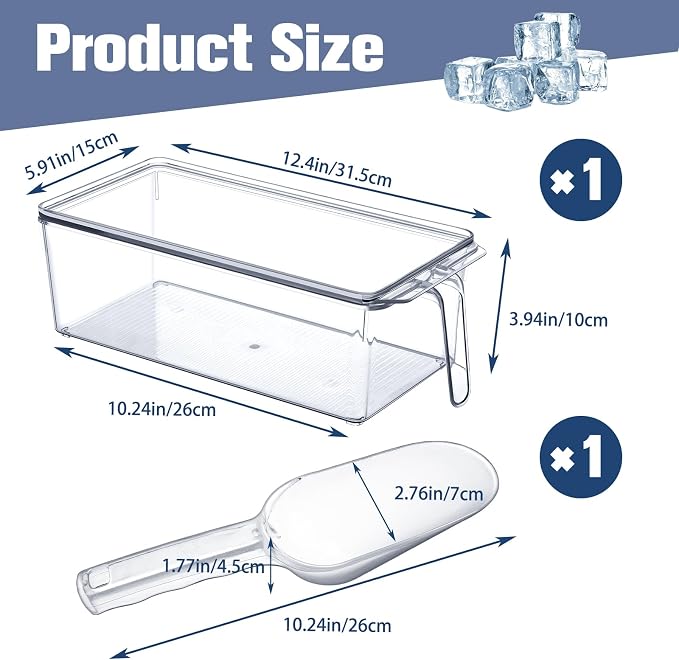 1 Set Ice Storage Bin for Freezer,12.4 x 5.91 x 3.94 Inches | Plastic Ice Container with Flexible Scoop Lid and Handle for Home Office Fridge Storage - Image 2