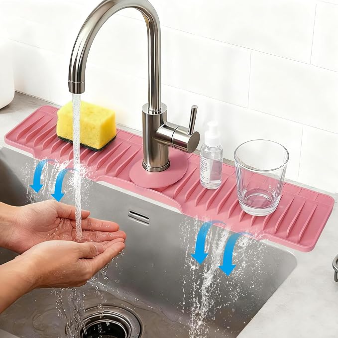24" Silicone Faucet Mat for Kitchen Sink of The Lastest, Pink | 8° Slope Fast Self-draining, Kitchen Sink Water Splash Guard, Behind Faucet Draining Mat, for Bathroom Kitchen Sink Area by Unknown