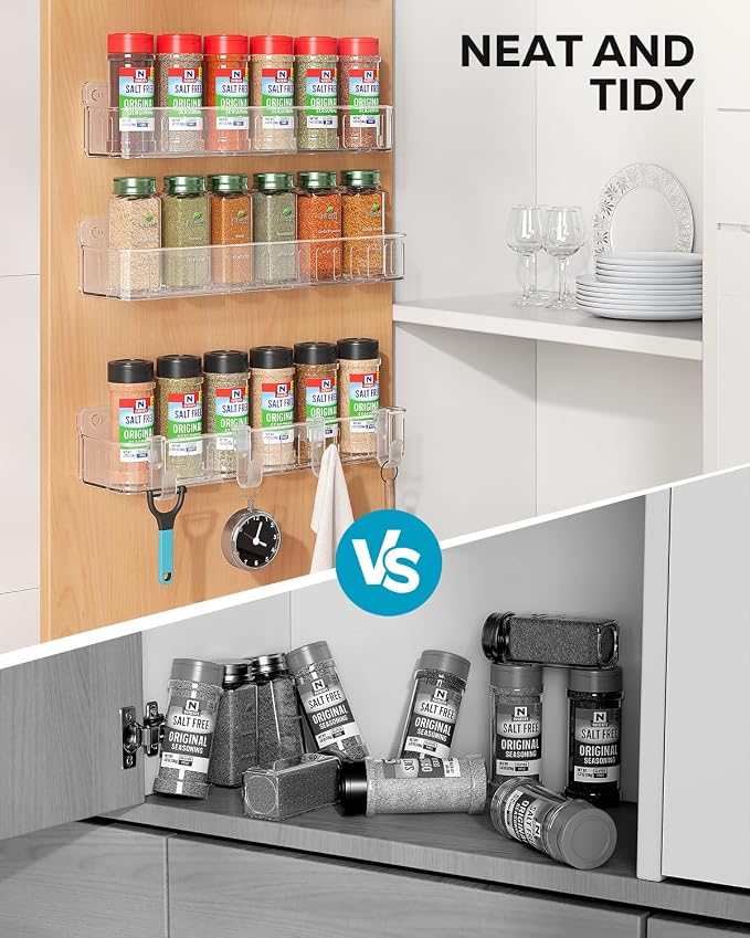 Nieifi Spice Rack Wall Mount, 4 Pack Clear, 2" Depth, Screw/Adhesive | Wall-Mounted with Removable Hooks Saves Counter Space, Fits 2" Deep Jars, Ideal for Kitchen Cabinets, Pantry Doors, and RVs - Image 5