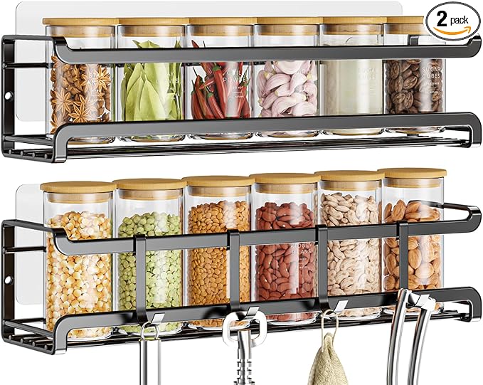 Bunoxea Spice Rack Wall Mounted 2 Pack, Black,11.41x2.75x2.75in | 2 Removalble Hooks,Screw or Adhesive Hanging,Space-Saving,For Kitchen Cabinet, Pantry Door,Stove,RV by Bunoxea