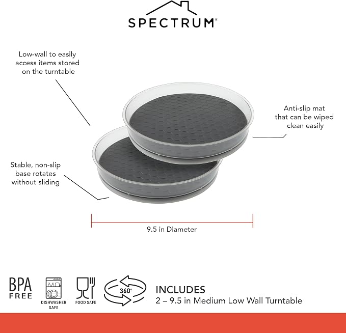 Spectrum Medium Lazy Susan Organizers 9.5 in Pack of 2 for Cabinet Pantry Table Rotating Kitchen Storage Spice Rack Fridge Organization, Charcoal Gray Spinning Turntable for Sauces Jams Condiments - Image 6
