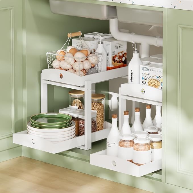 2 Pack Bamboo Under Sink Organizer, 2-Tier Pull-Out Drawers, Kitchen & Bath | Pull-out drawers keep cleaners and tall bottles visible, organized and easy to reach in kitchen or bathroom cabinets by HEALTHYYOU