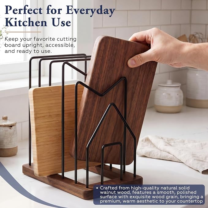 5 Slot Cutting Board Holder for Counter, Black Metal Kitchen Cabinet Organizer with Rustic Brown Wooden Base, Kitchen Countertop Pots Pan Lids Rack Organizer (1 Pc) - Image 5