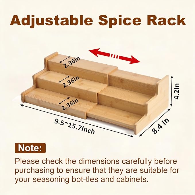JinDoWin Spice Rack Organizer for Cabinets,Countertop & Pantries,2 Pack | Expandable design, 3-Tier stepped bamboo spice shelf, seasoning organizer, pantry organizers and storage - Image 5