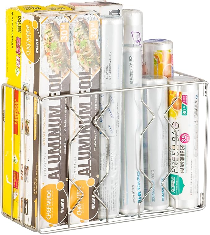YQh Wall Mount Kitchen Wrap Organizer Rack, Cabinet Storage Basket, Aluminum Foil Rack, Mounts to Solid Cabinet Doors or Walls, Tall Basket Door Mount Cabinet Organizer by YQh