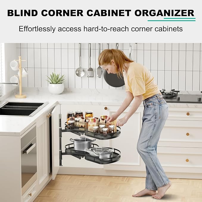 Blind Corner Cabinet Pull Out Organizer Swing Right Lazy Susan for Cabinet 32in, 2-Tier Shelf Kitchen Cupboard Magic Corner Pull Out with Soft Close, Adjustable Height, Metal Black - Image 2