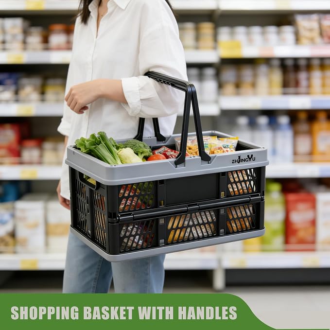20L Plastic Basket with handles,2-pack Black Collapsible crates for storage | 14.96"x9.84"x7.87" foldable shopping basket ,foldable crate with Handles for car Classroom Kitchen Bathroom Medicine Milk - Image 2
