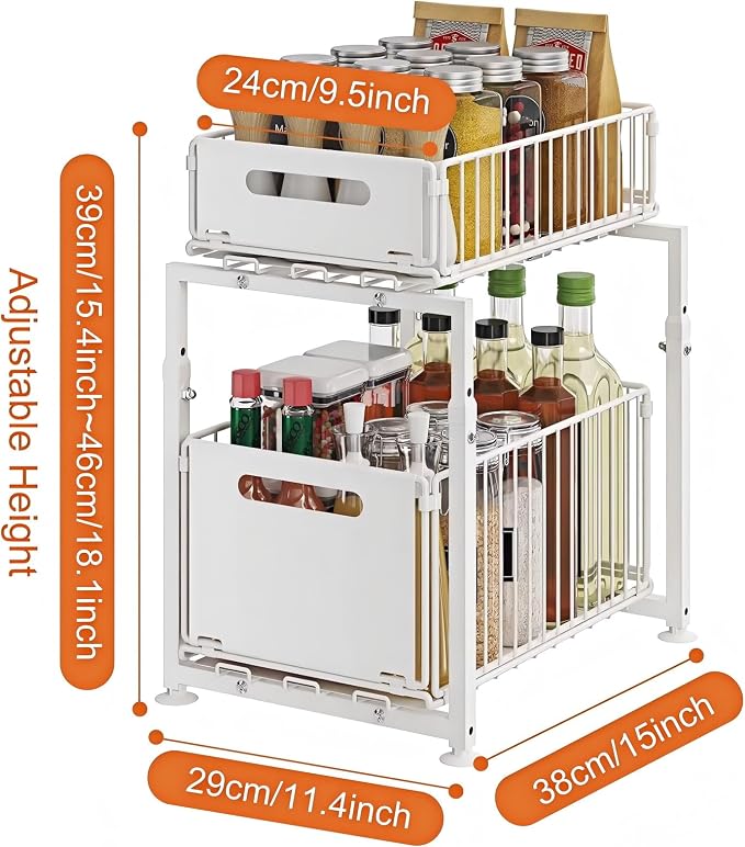 Under Sink Organizer, 2-Tier Multi-Use Kitchen and Bathroom Organizers and Storage, Slide Out Thickened Metal Under The Sink Organizer for Kitchen Bathroom Pantry (Style A White, 2 Pack) - Image 4