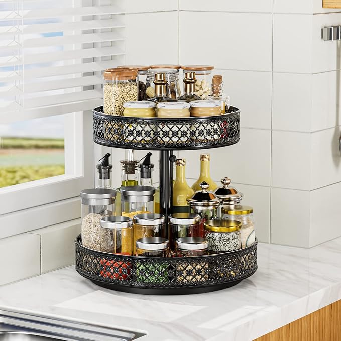 2 Tier Lazy Susan Organizer - Adjustable Rotating Spice Rack 12 inch | Floral Turntable Lazy Susan for Cabinet Pantry Kitchen Countertop Table Top Cupboard Bathroom Vanity Storage Metal Black - Image 9