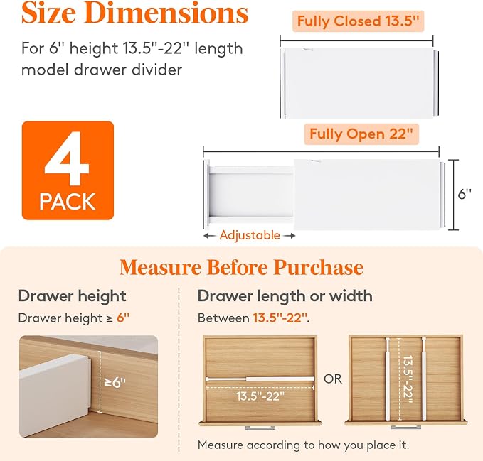 Lifewit 6" Tall Upgrade Drawer Dividers, Adjustable Deep Drawer Organizer | 13.5"-22" Expandable White Drawer Separator for Clothes, Dresser/Kitchen/Closet/Bedroom/Office Organization & Storage, 4 Pack - Image 2