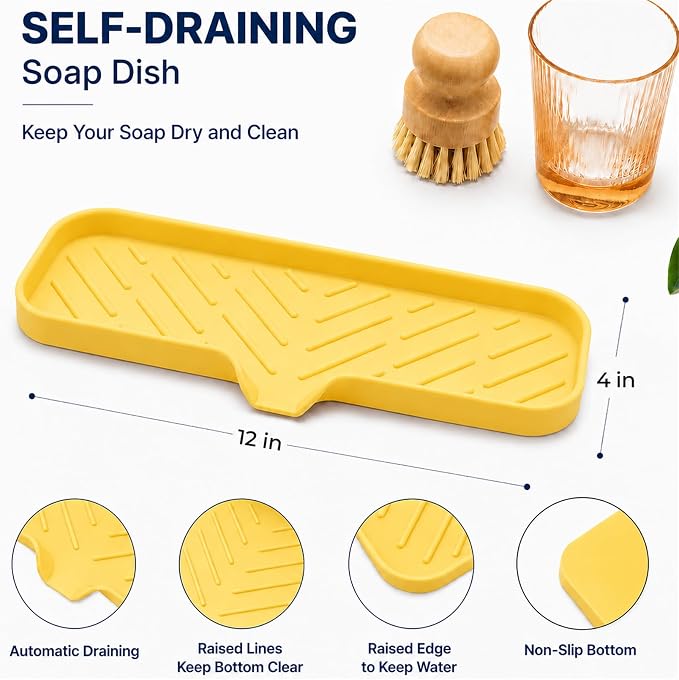 MicoYang Silicone Soap Dish with Drain Spout — Self-Draining Double Sink Organizer Tray for Kitchen & Bathroom, Dispensers, Sponges & Soap Holder, Non-Slip & Dishwasher Safe, Yellow (Large, 12"×4") - Image 2