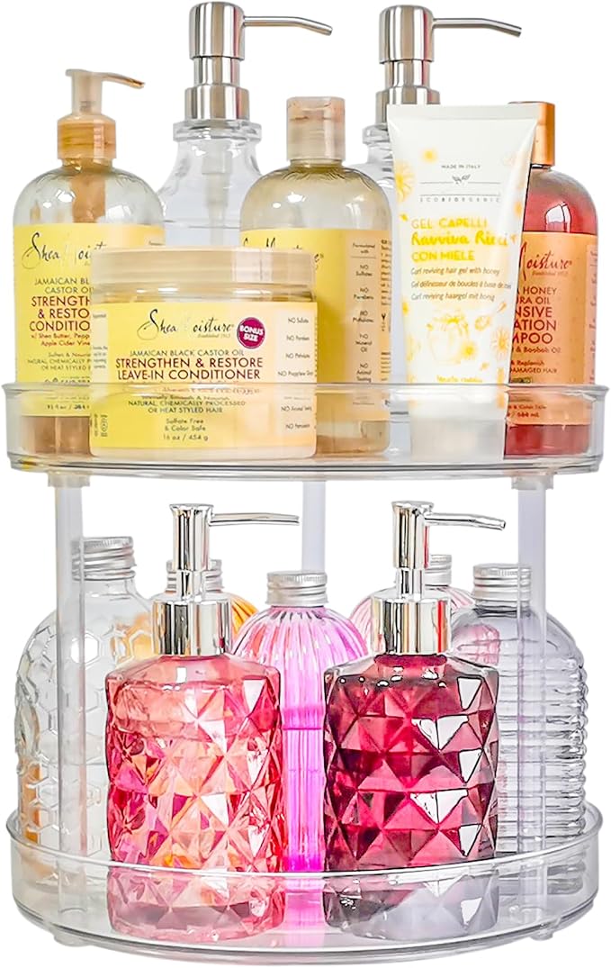 2-Tier Lazy Susan Organizer, Clear PET Rotating Tray 11-Inch | Double Layer Vertical Storage Rack for Kitchen Pantry or Bathroom Vanity, Smooth 360 Spin Access with 1.6 In Anti Drop Edges by Roninkier