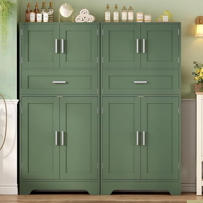 Bathroom Floor Storage Cabinet with Adjustable Shelf, Freestanding Storage Cabinet with 4 Doors, Cupboard for Living Room, Home Office, Entryway, Forest Green - Image 6