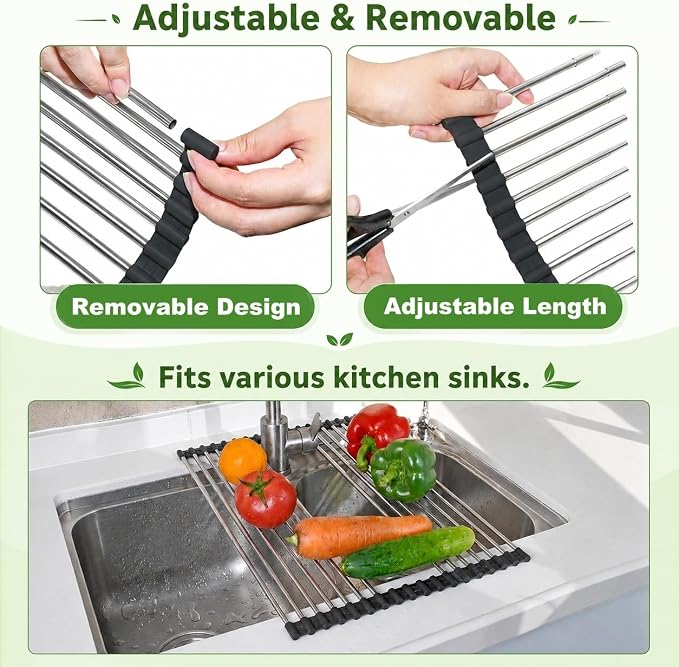CHIRISEN Expandable Roll Up Dish Drying Rack Over the Sink Drying Rack for Kitchen Counter, Large Stainless Steel Dish Drainer Over Sink Dish Drying Rack Foldable, Collapsible, 21.14''x12'', 18Tube - Image 6