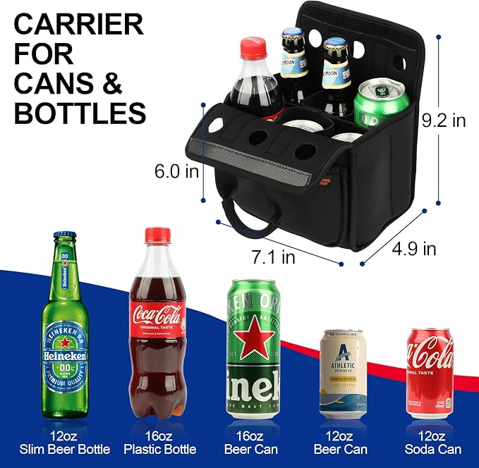 Portable Drinks Tote Bag for 6 PCS Beverage Cans/Bottles, Neoprene Insulated Drinks Can Bottle Carrier Tote Beverages Cans Cooler Bag Holder for Camping, Picnic, Party (Black) - Image 3