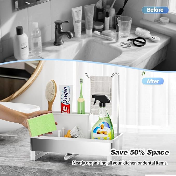 Ewaiira Sponge Holder for Kitchen Sink, Stainless Steel Sink Caddy | with Brush Holder & Dishcloth Rack, Countertop Sink Organizer, Soap Dispenser Kitchen Organizers Storage (D-Black 9.8″) - Image 7