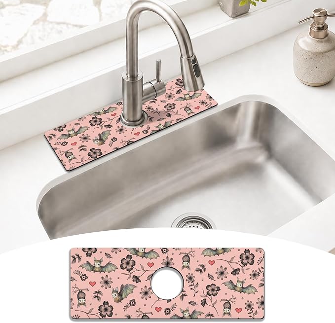 Halloween Kitchen Sink Splash Guard Faucet Mat,Pink Bats Flower Halloween Faucet Non-Slip Absorbent Mat,Farmhouse Sink Splash Guard Behind Faucet for Kitchen Bathroom,15"x5.5" by puwbnhj