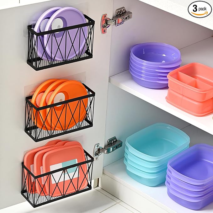 3 Pack Cabinet Organizer - Adhesive Lid Organizer Slim Space Wall Mounted Inside Cabinet Door Storage for Kitchen, Bathroom, Pantry, Under Sink by MIXISAV
