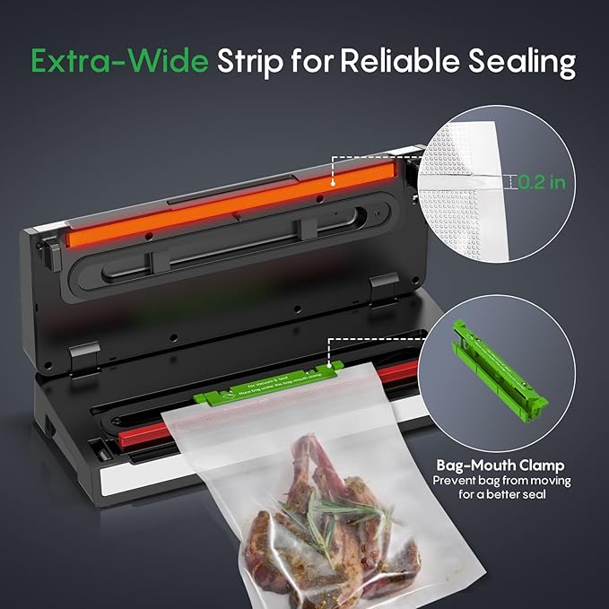 FRESKO Vacuum Sealer Machine with Automatic Bag Detection, Compact Design | 0.2-inch Widened Heating Strip, Food Vacuum Sealer for Dry & Moist Food Storage, Suitable for Sous Vide, 10 Pre-Cut Bags - Image 5